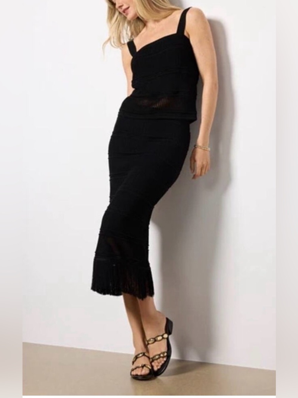 Z Supply Fiona Black Fringe Knit Midi Skirt & Tank Set M NWOT